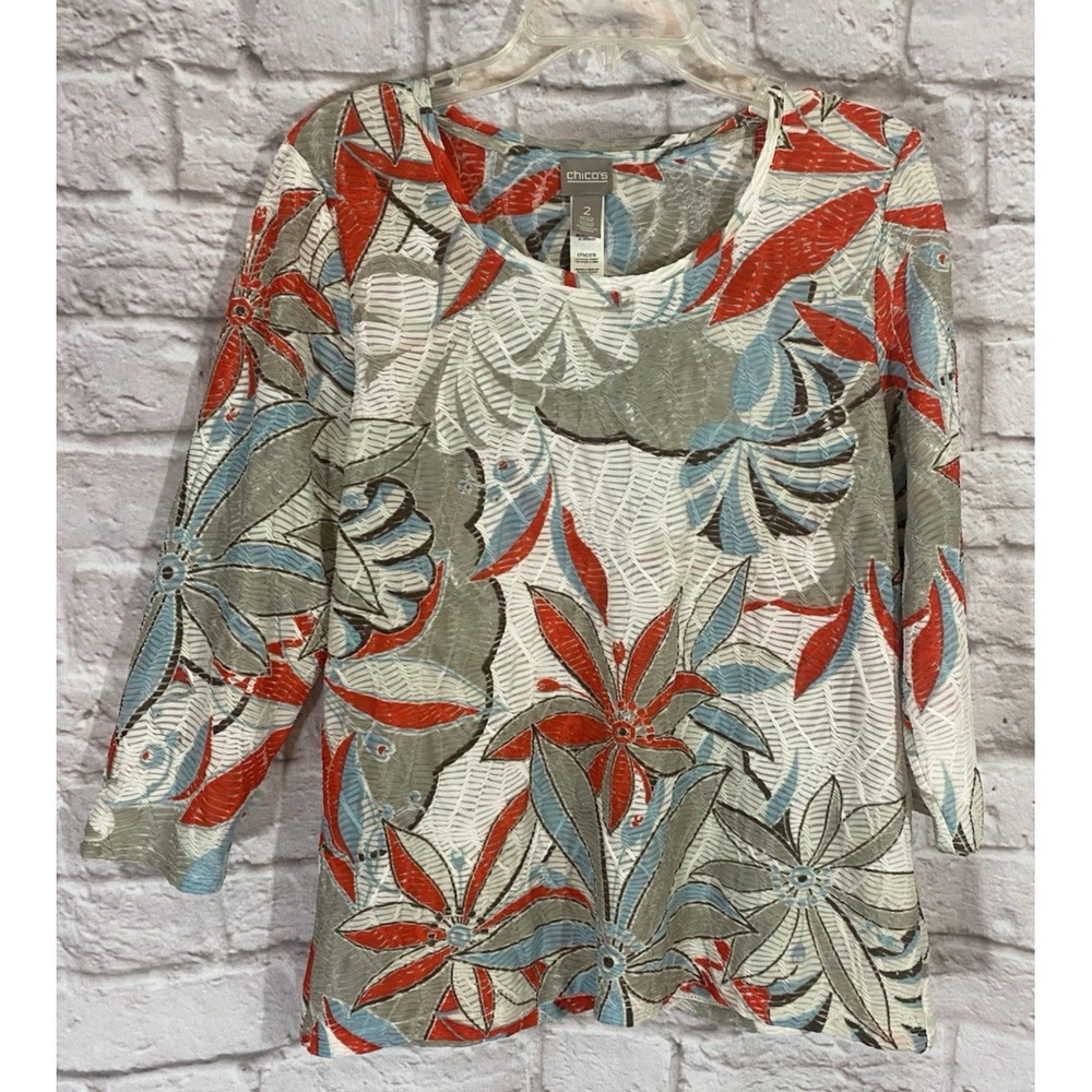 CHICOS 2 L Floralβ Textured Pullover Stretchy Shirt Slightly Sheer Top Packable